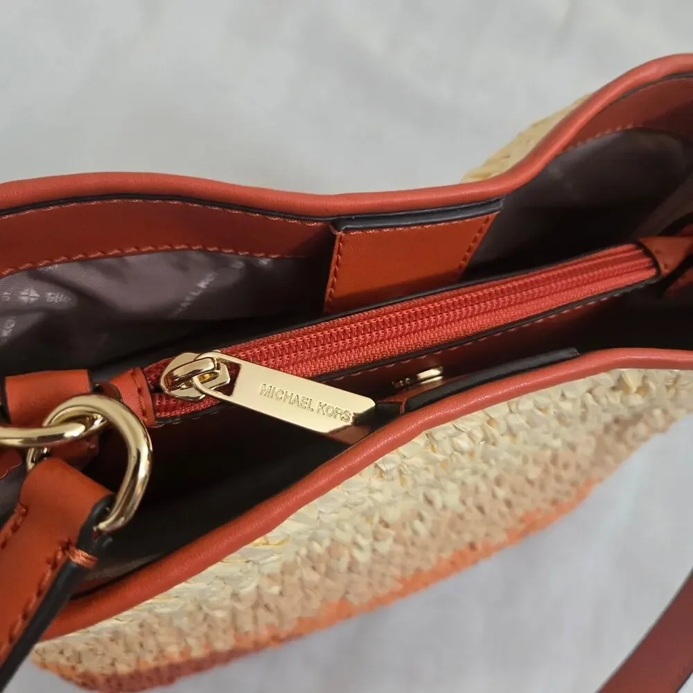 Michael Kors Pratt Medium Ombre Straw Shoulder Bag Red Clay Orange Summer Boho - Picture 8 of 15